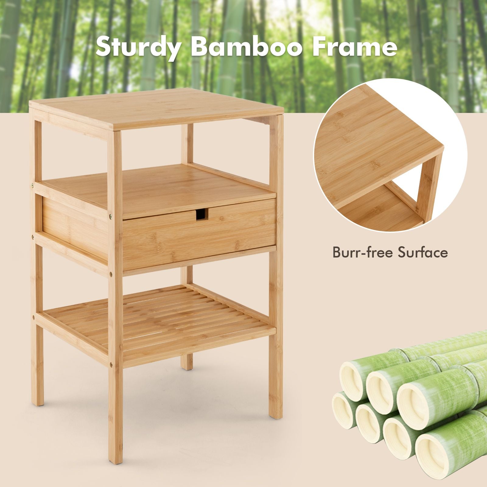 Set of 2 Multipurpose Bamboo Nightstand with Storage Drawer and Slatted Shelf