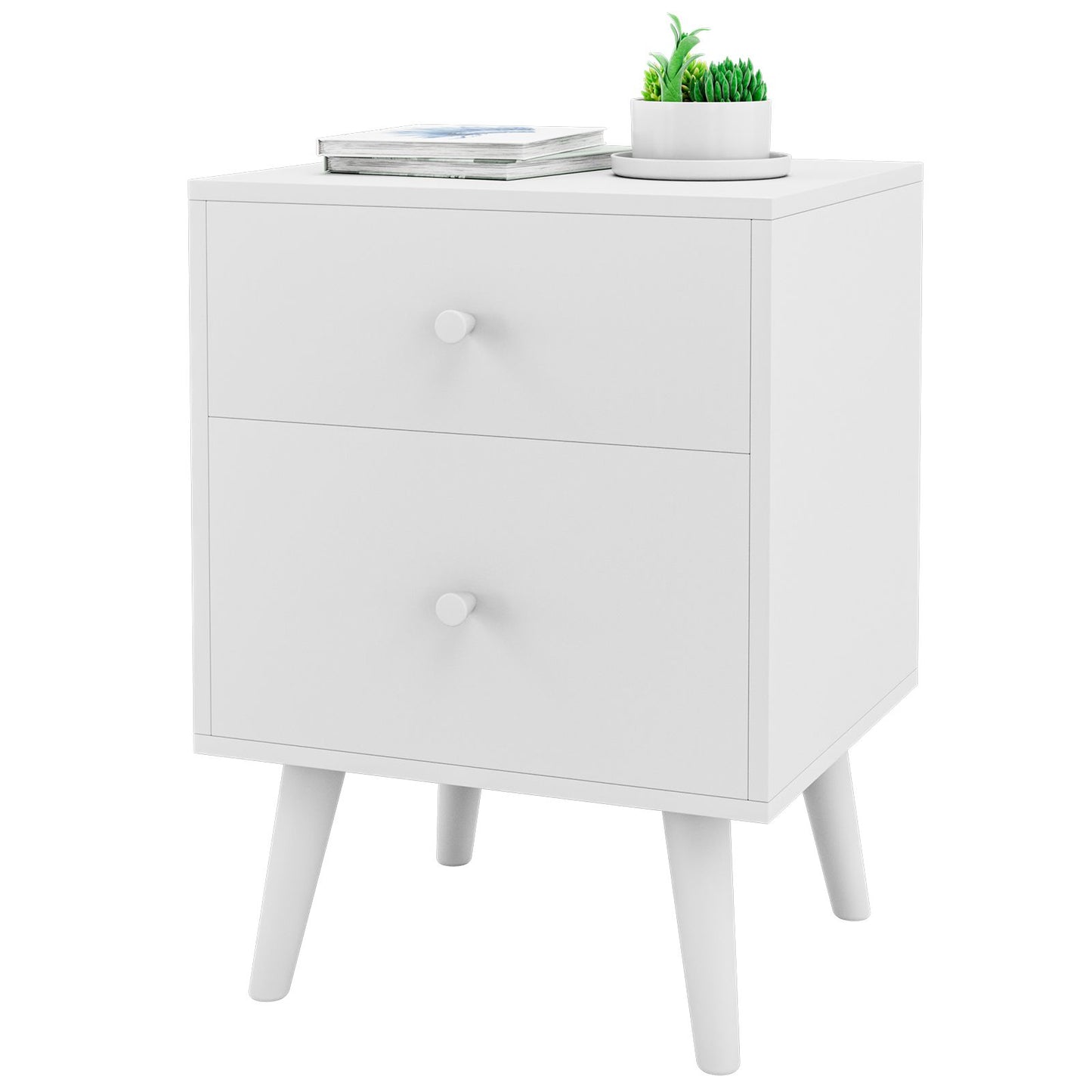 2-Drawer Nightstand with Solid Rubber Wood Legs and Large Storage Space