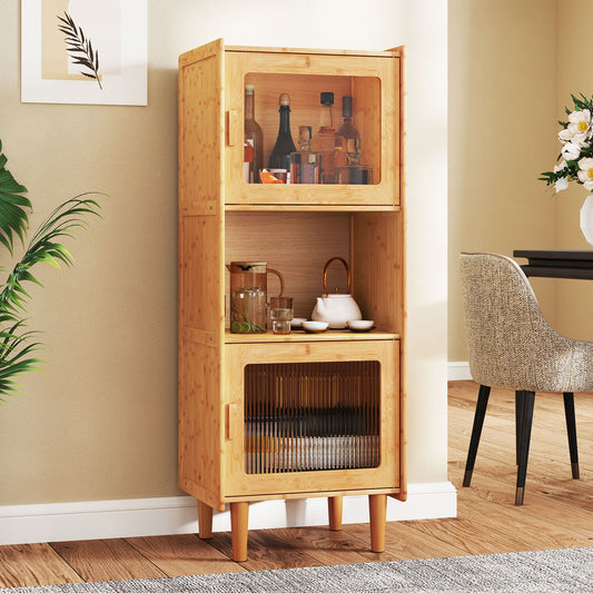 3-Cube Bamboo Cabinet with Open Compartment and 2 Acrylic Doors
