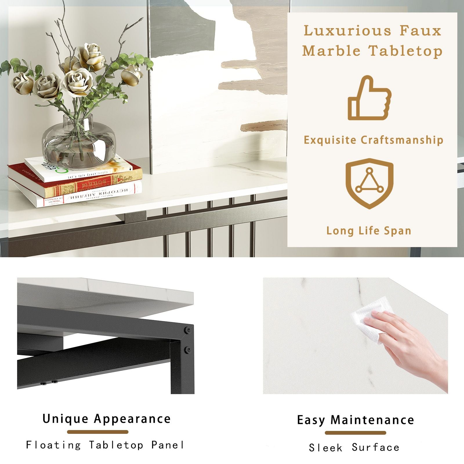 120Cm Console Table Narrow Entryway Table with Faux Marble Tabletop