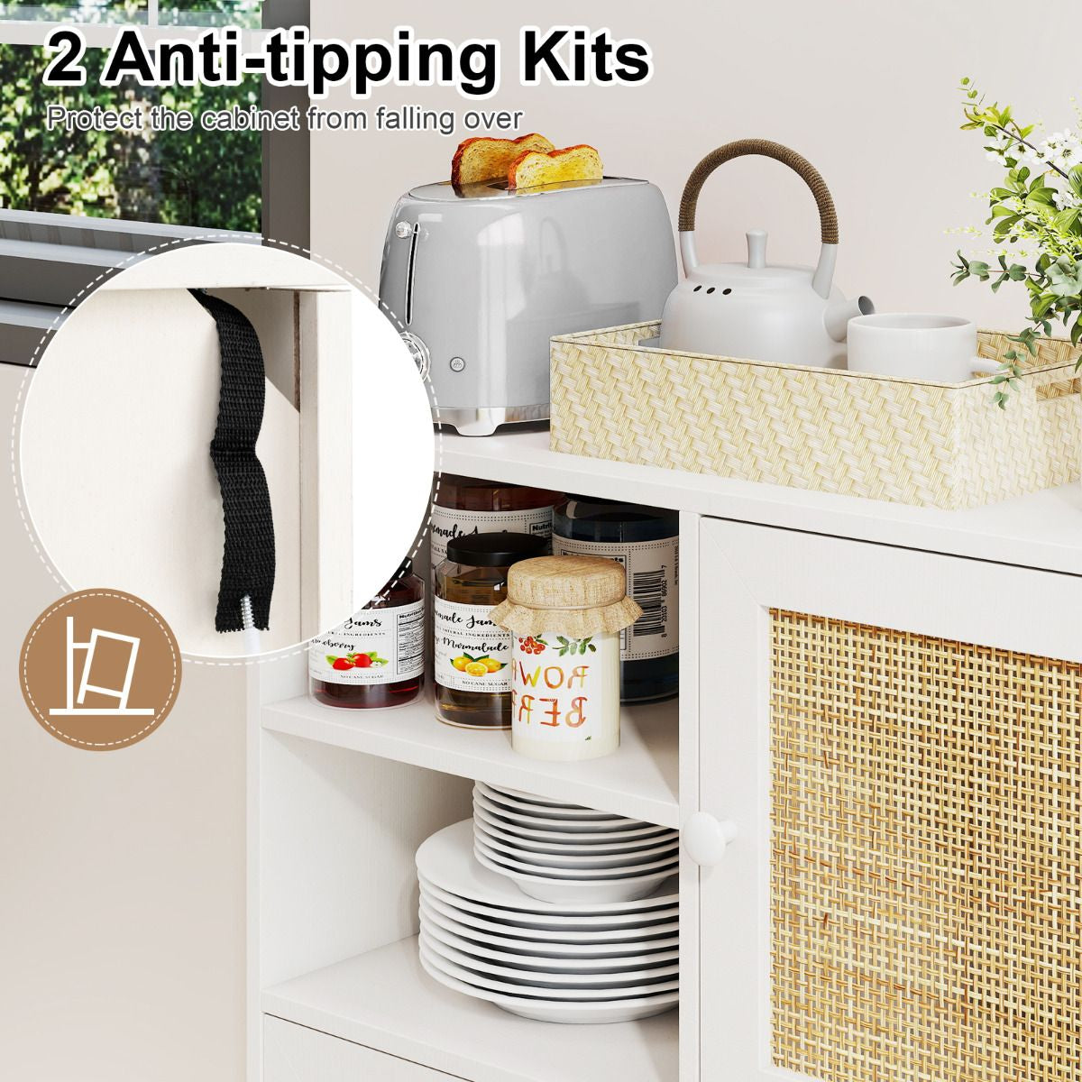 Rattan Sideboard Buffet Cabinet with 4 Cubbies and 2 Rattan-Decorated Doors