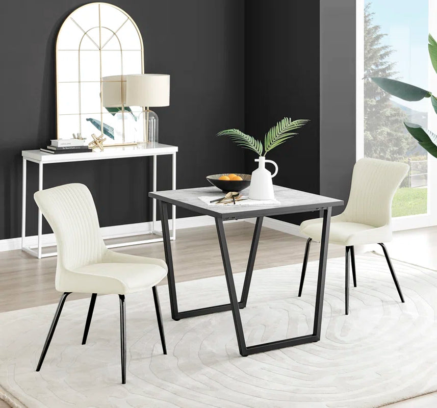 Industrial Design White & Grey Marble Effect Melamine Dining Table and 2 Velvet Dining Chairs