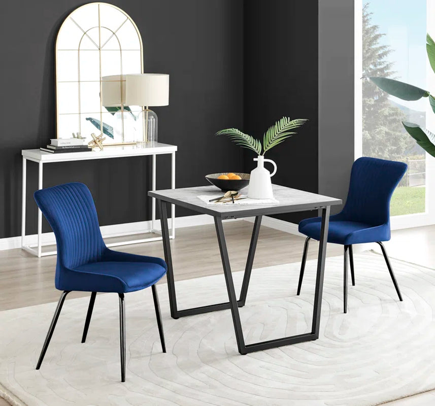 Industrial Design White & Grey Marble Effect Melamine Dining Table and 2 Velvet Dining Chairs