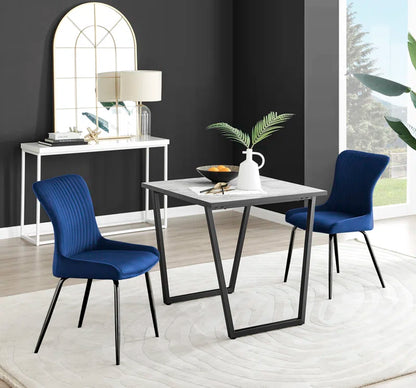 Industrial Design White & Grey Marble Effect Melamine Dining Table and 2 Velvet Dining Chairs