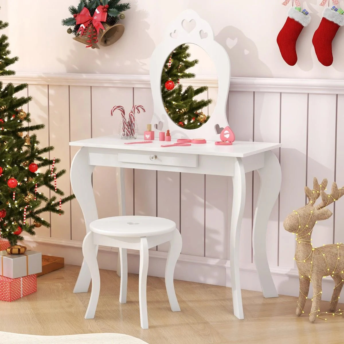 Kids Vanity Table and Stool with Removable Mirror and Drawer