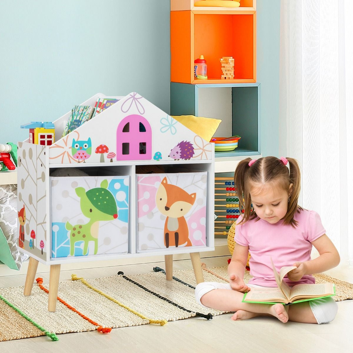 Kids House-Shaped Bookshelf with 2 Storage Bins and Elevated Solid Wood Legs