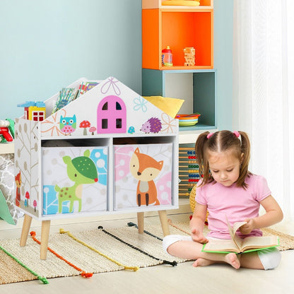 Kids House-Shaped Bookshelf with 2 Storage Bins and Elevated Solid Wood Legs
