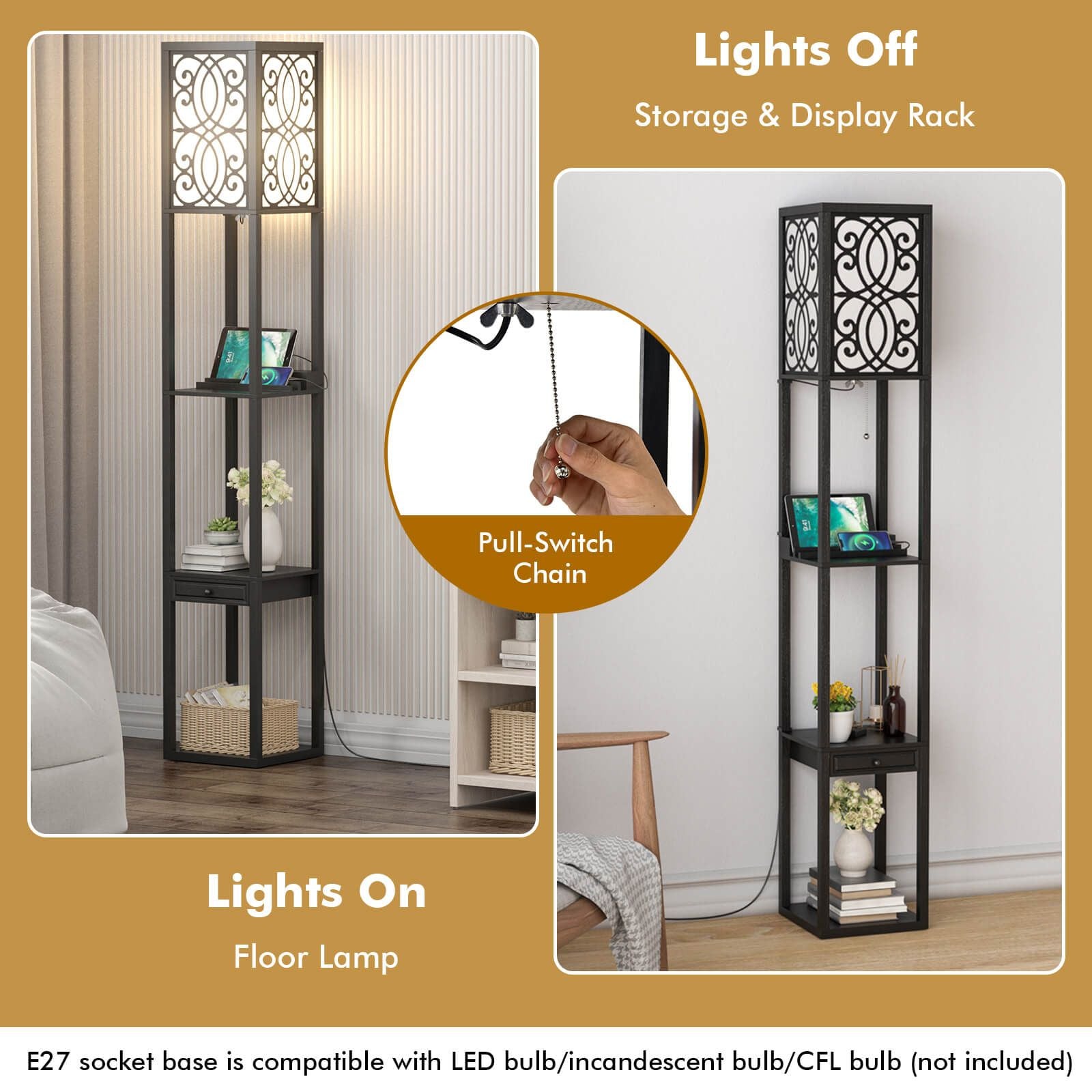 3-Layers Free-Standing Light with 2 USB Charging Ports and Storage Drawer