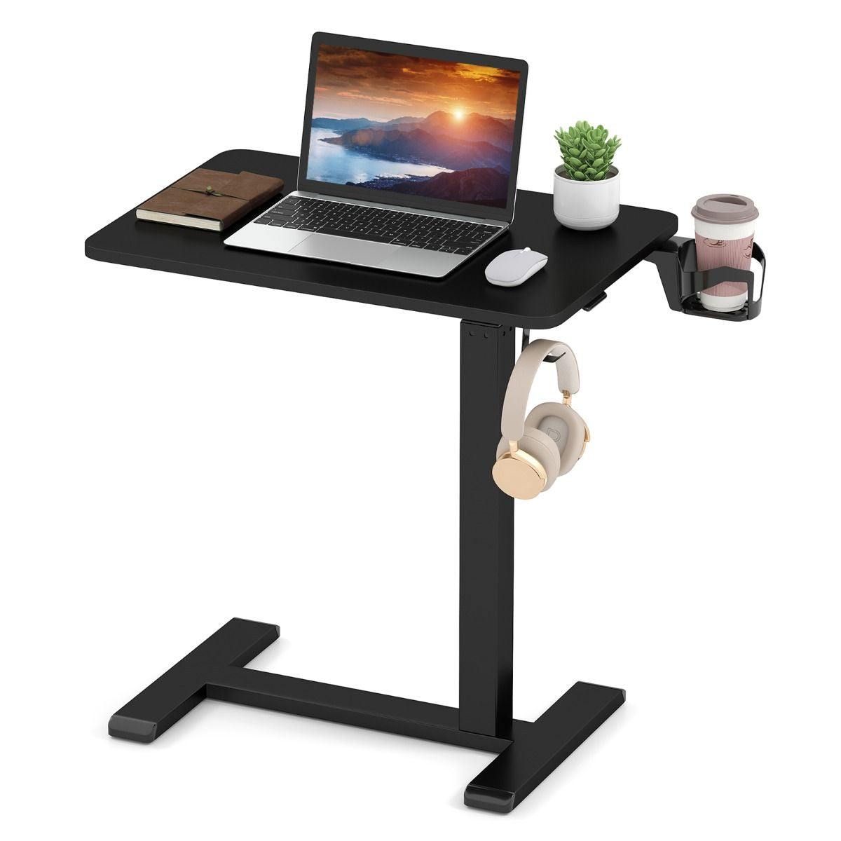 Height Adjustable Overbed Bedside Table with Cup Holder and Headphone Hook