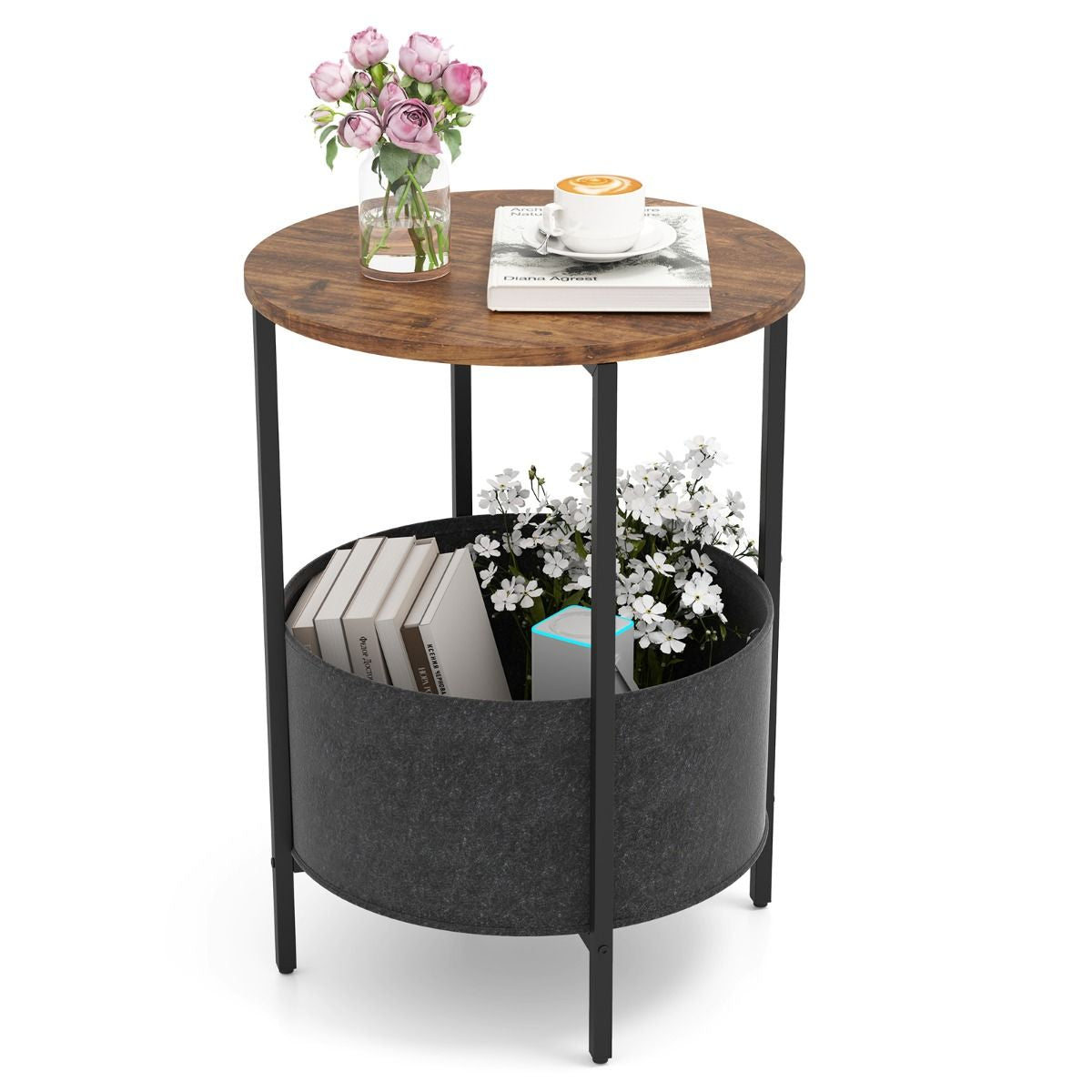 Round End Table for Small Space with Removable Fabric Basket and Metal Frame
