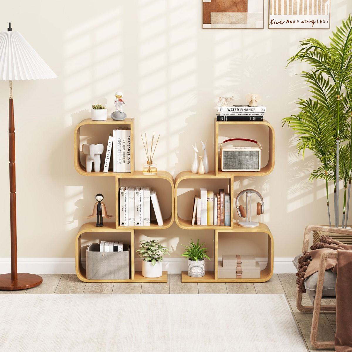 2/3/4/5-Tier S-Shaped Bookcase Bamboo Bookshelf with Open Cubes