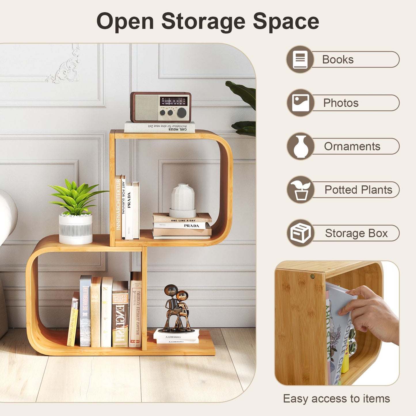 2/3/4/5-Tier S-Shaped Bookcase Bamboo Bookshelf with Open Cubes