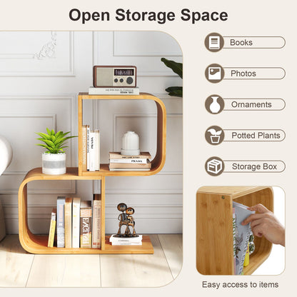 2/3/4/5-Tier S-Shaped Bookcase Bamboo Bookshelf with Open Cubes