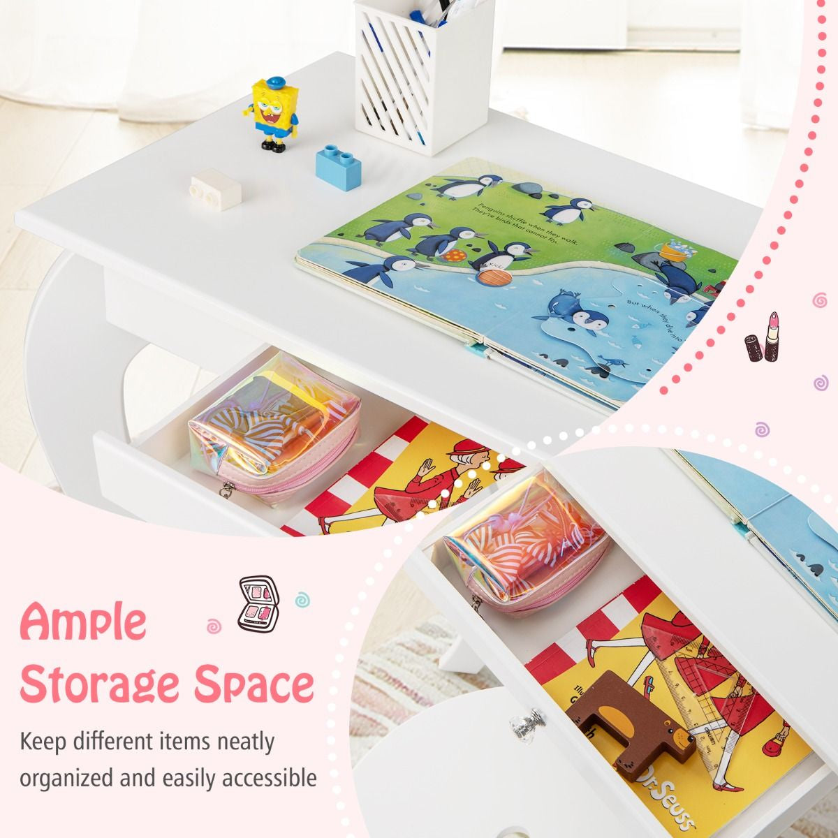 Kids Vanity Table and Stool with Removable Mirror and Drawer