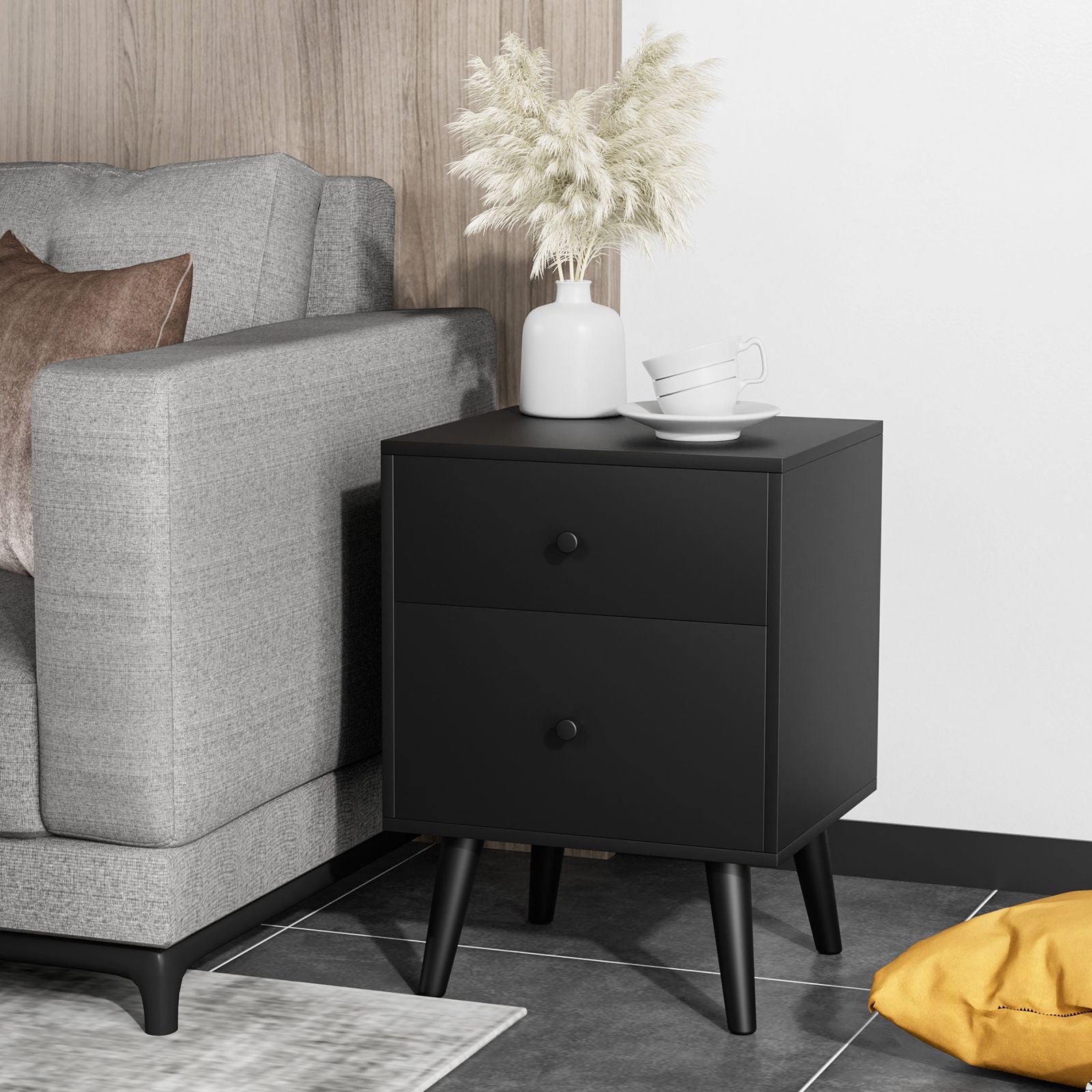 2-Drawer Nightstand with Solid Rubber Wood Legs and Large Storage Space