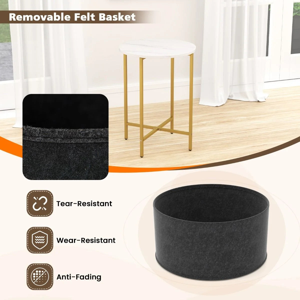 Round End Table for Small Space with Removable Fabric Basket and Metal Frame