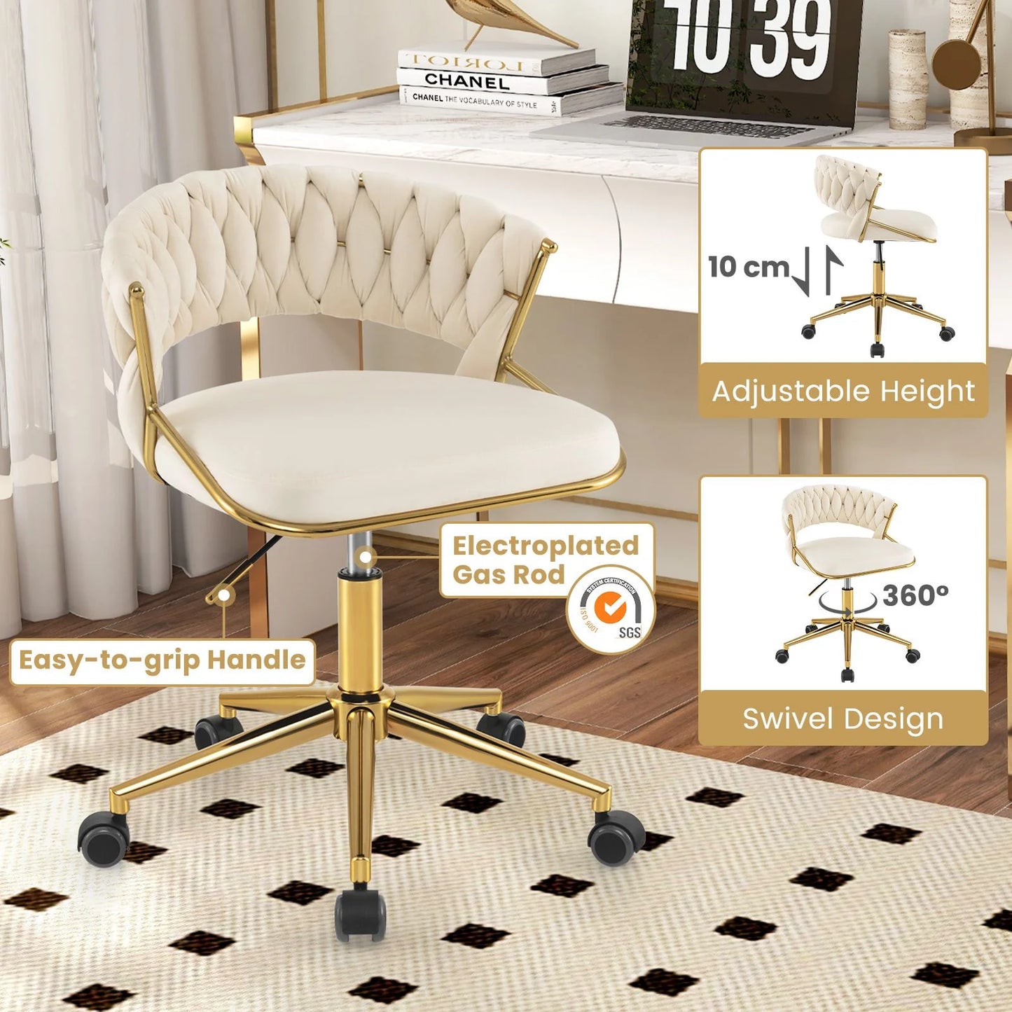 360° Swivel Home Office Desk Chair Set of 2 with Hand-Woven Back