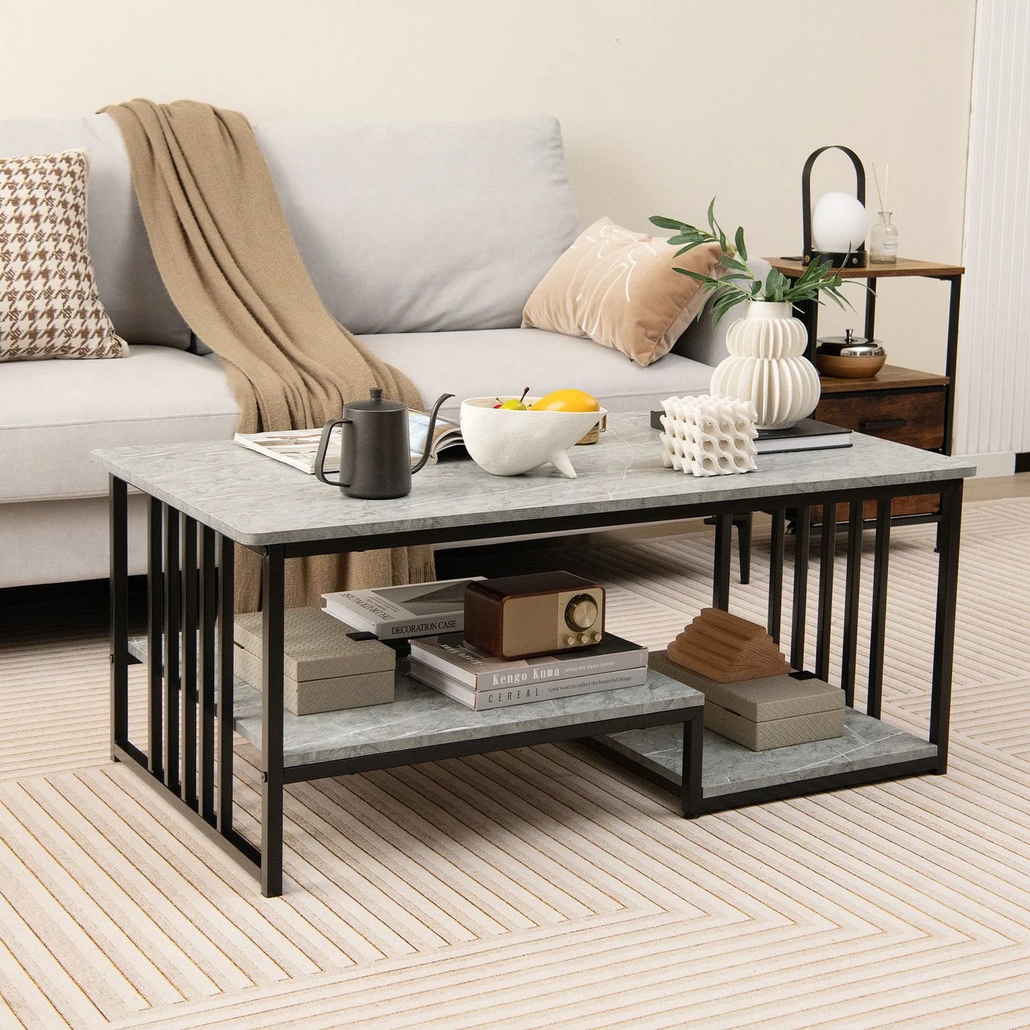 Faux Marble Coffee Table with Open Storage Shelf