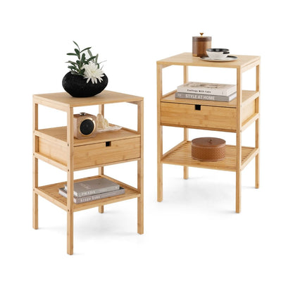 Set of 2 Multipurpose Bamboo Nightstand with Storage Drawer and Slatted Shelf