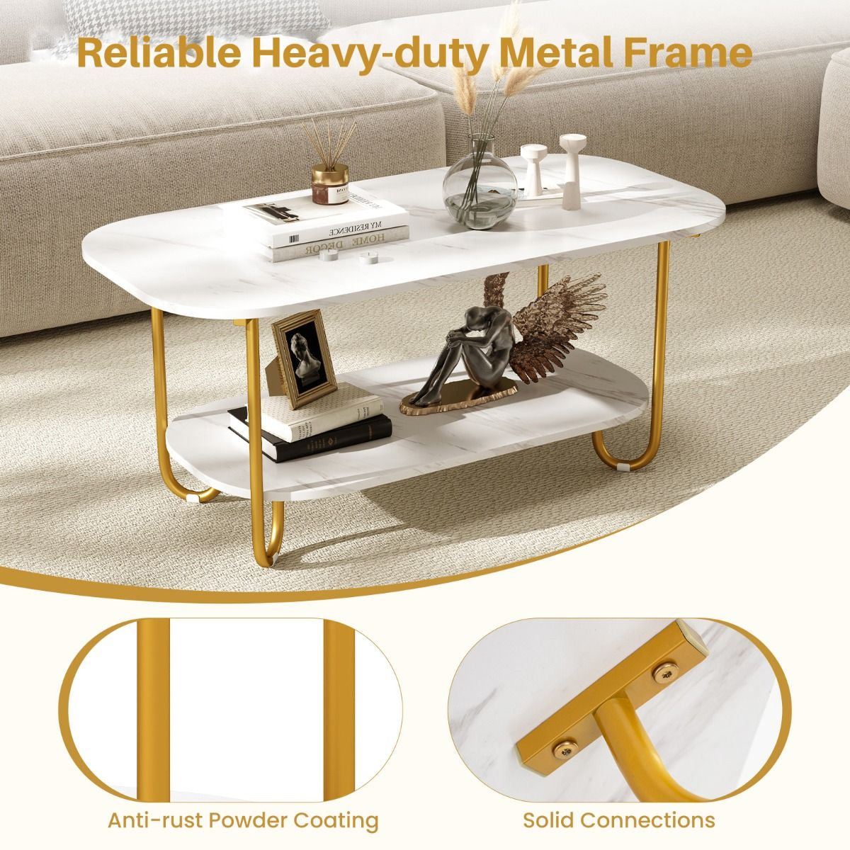 Faux Marble Top Coffee Table with Heavy-Duty Metal Frame