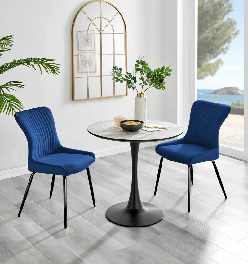 Eubanks White Marble Effect Melamine round 80Cm Dining Table and Chairs - 2 Velvet Dining Chairs