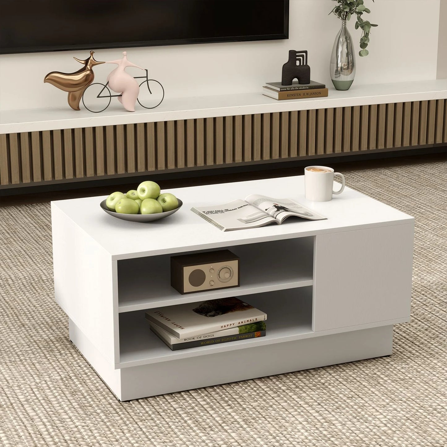Modern Rectangle Coffee Table with 2-Tier Open Storage Shelves