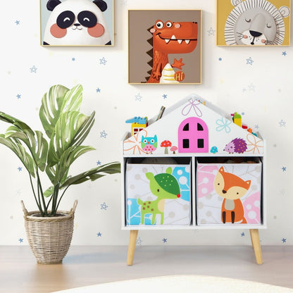Kids House-Shaped Bookshelf with 2 Storage Bins and Elevated Solid Wood Legs