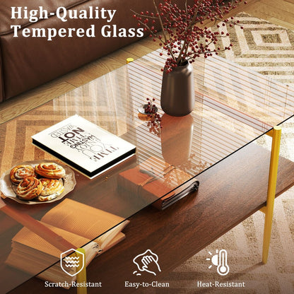 2-Tier Glass Coffee Table with Tampered Glass Tabletop & Open Storage Shelf