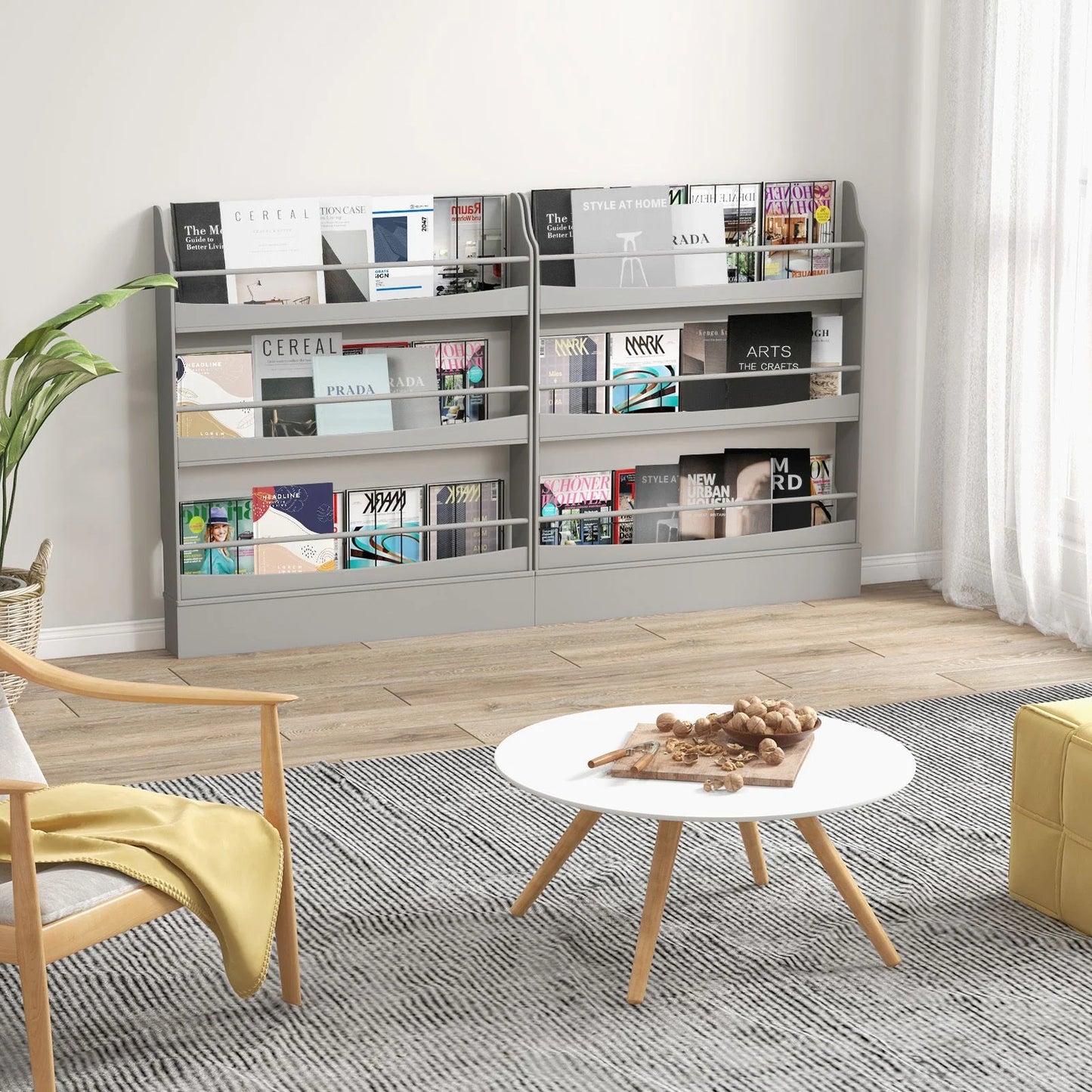 3-Tier Standing Bookshelf with 2 Anti-Tipping Kits and Guardrails-Grey