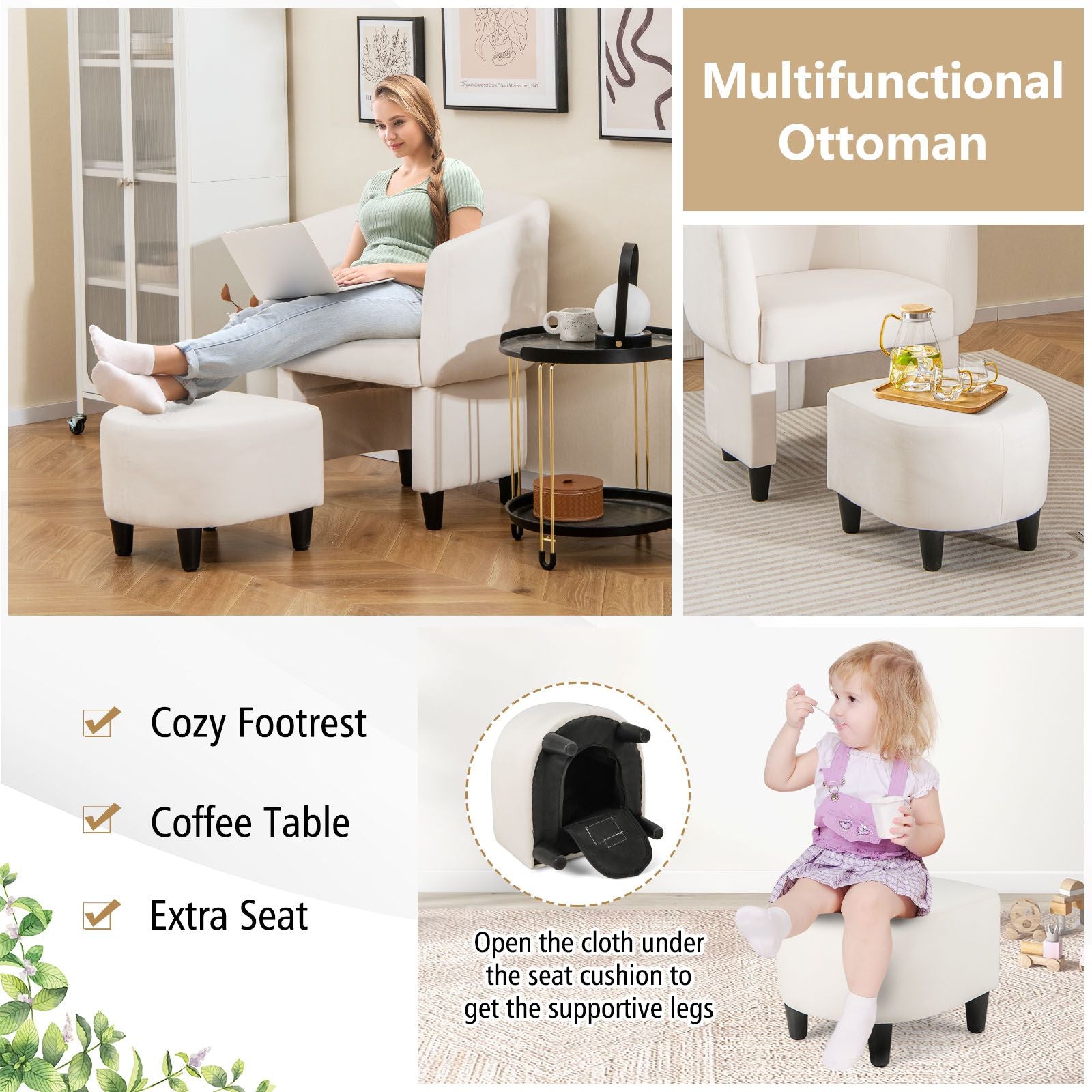 Upholstered Velvet Barrel Chair Modern Club Chair with Ottoman