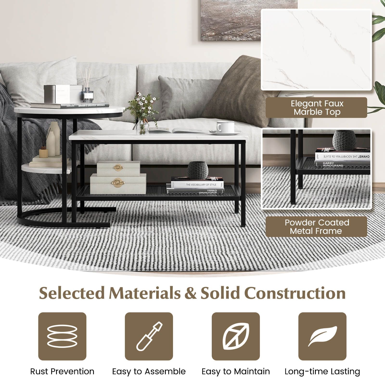 Set of 2 Nesting Coffee Table with Extra Storage Shelf