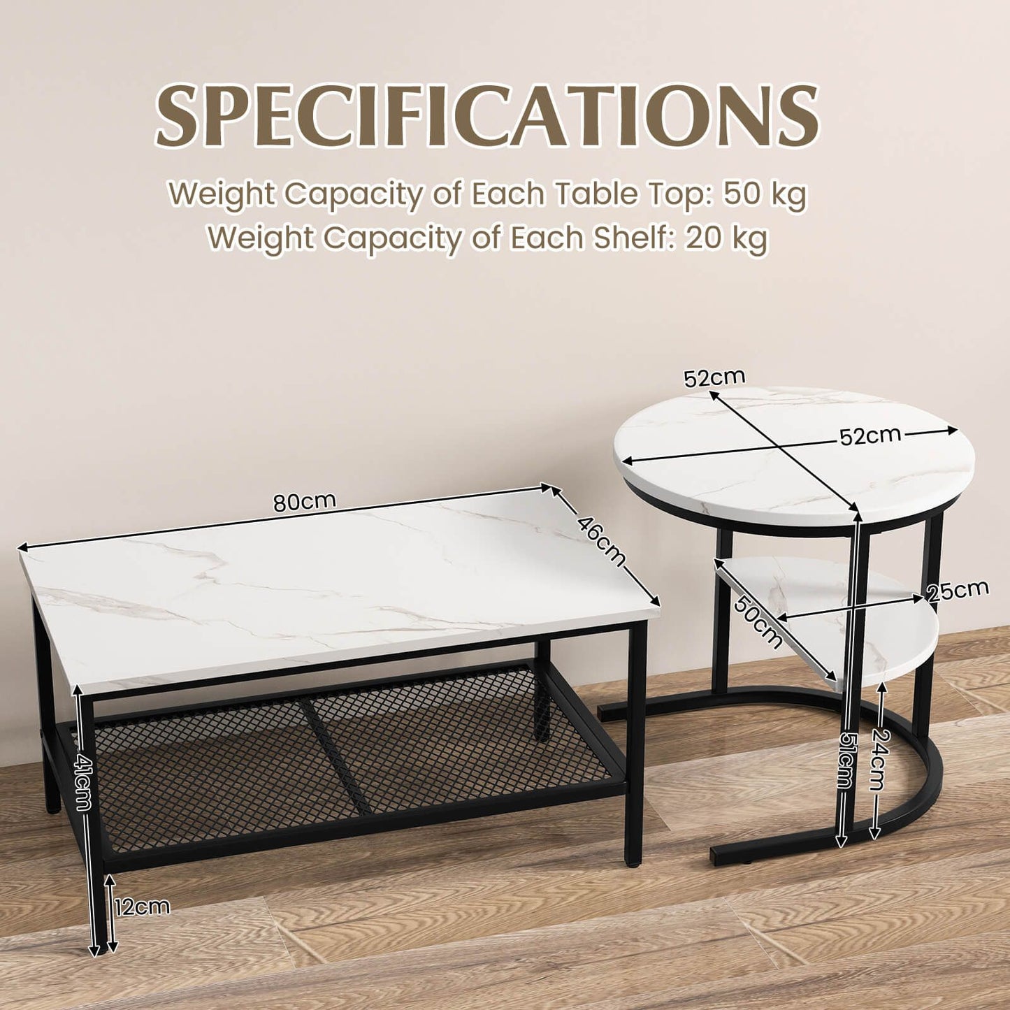 Set of 2 Nesting Coffee Table with Extra Storage Shelf