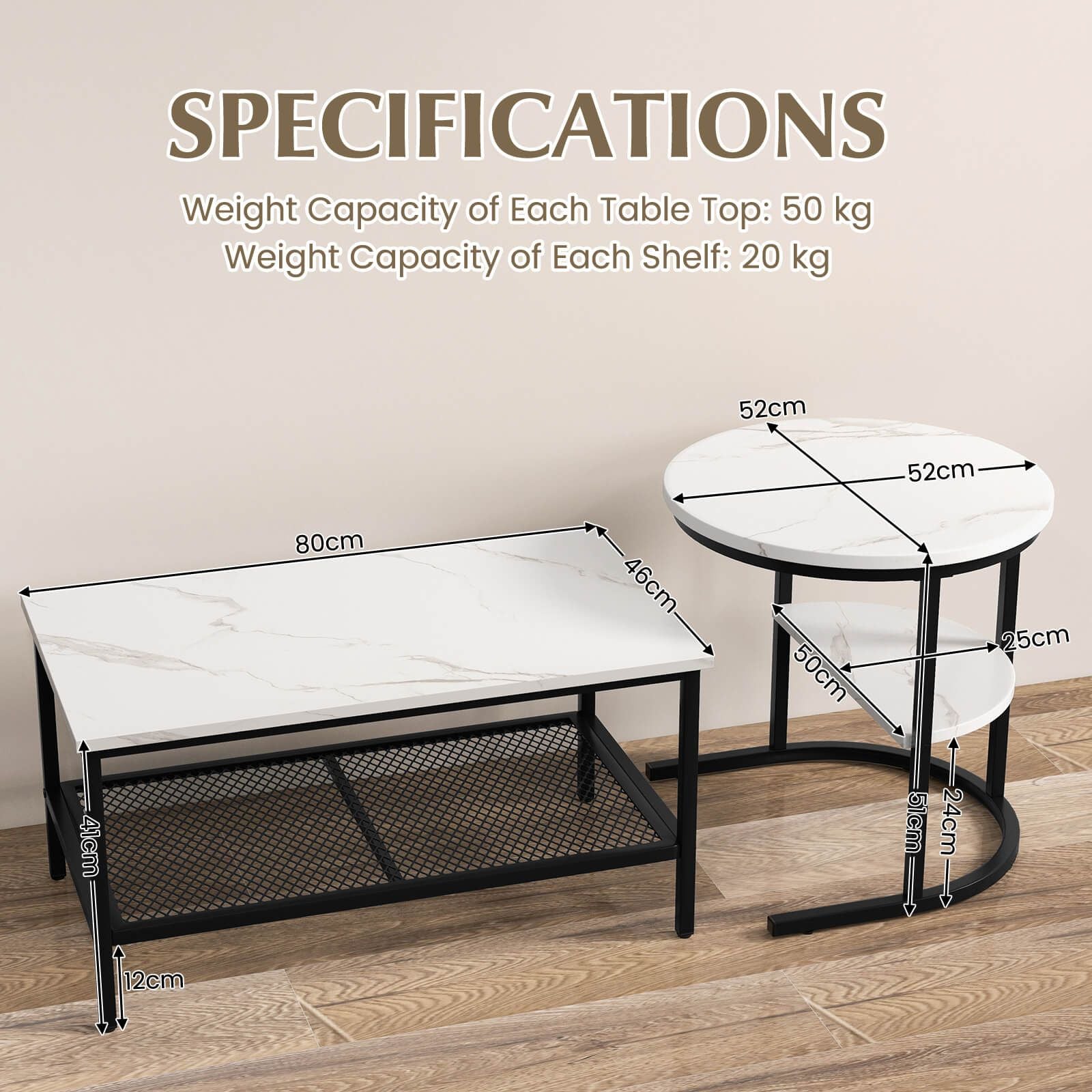 Set of 2 Nesting Coffee Table with Extra Storage Shelf