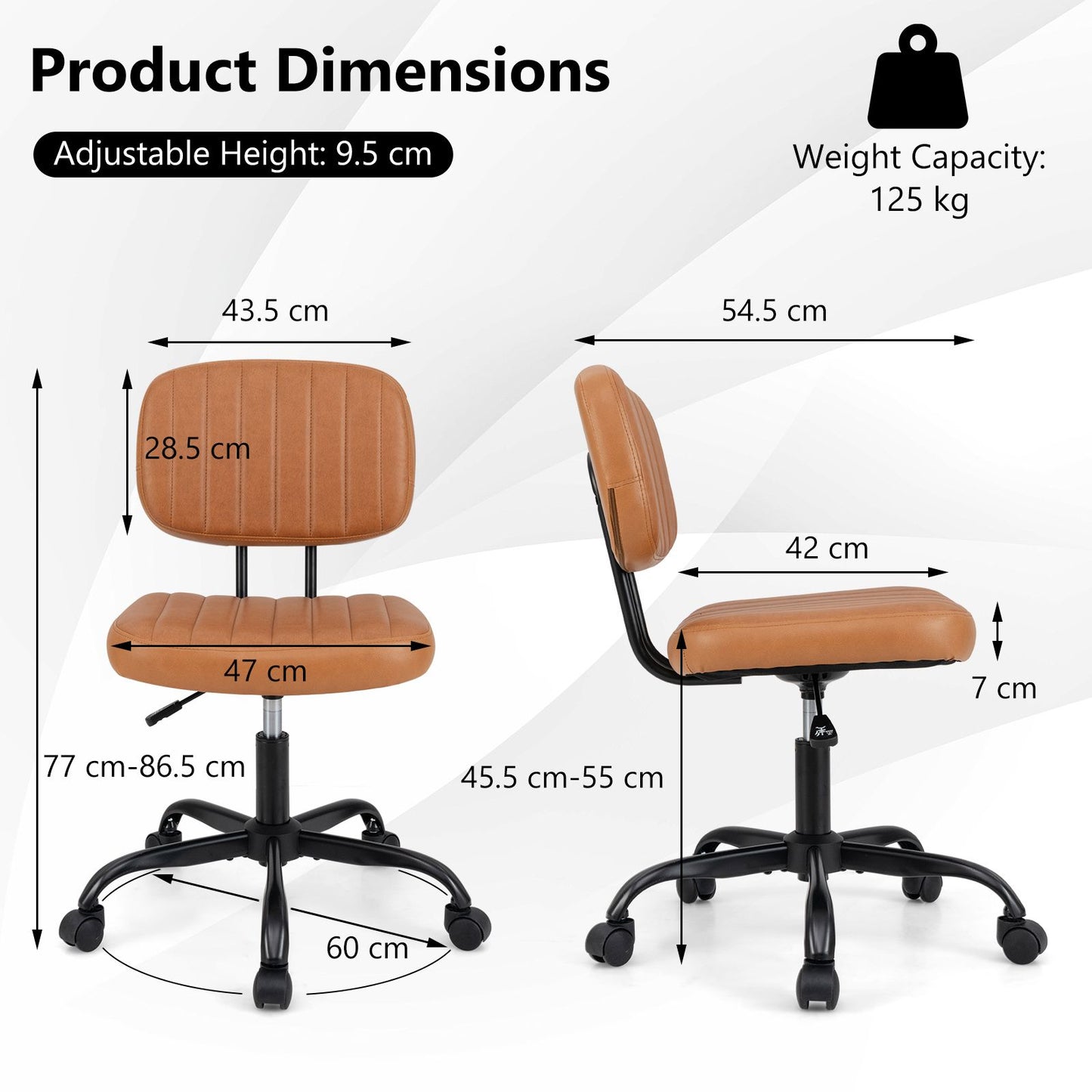 Home Office Small Armless Desk Chair with Wheels and Lumbar Support