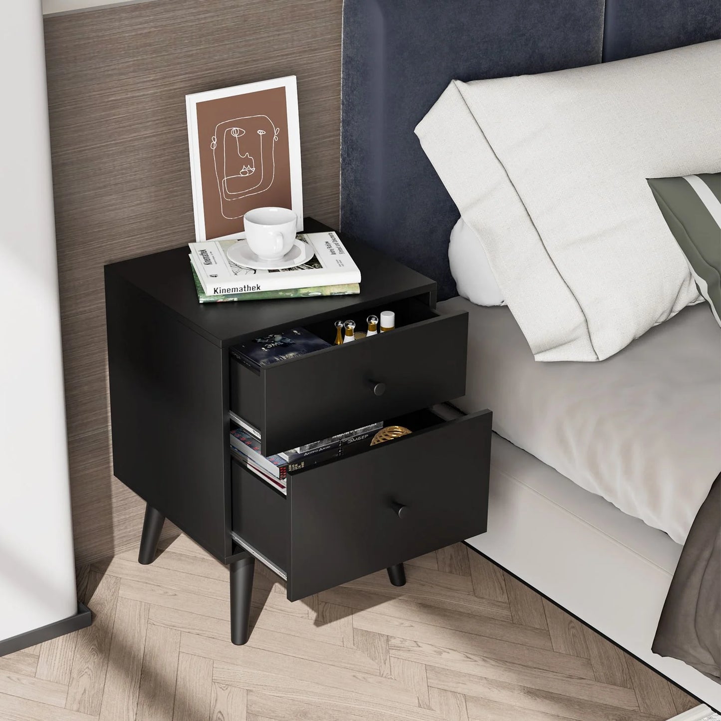 2-Drawer Nightstand with Solid Rubber Wood Legs and Large Storage Space