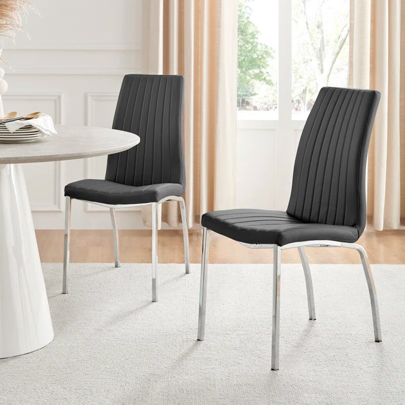 Faux Leather Modern Tall Back Dining Chairs with Chrome Metal Legs & Vertical Stitching
