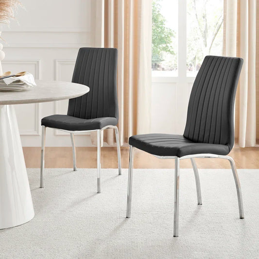 Faux Leather Modern Tall Back Dining Chairs with Chrome Metal Legs & Vertical Stitching