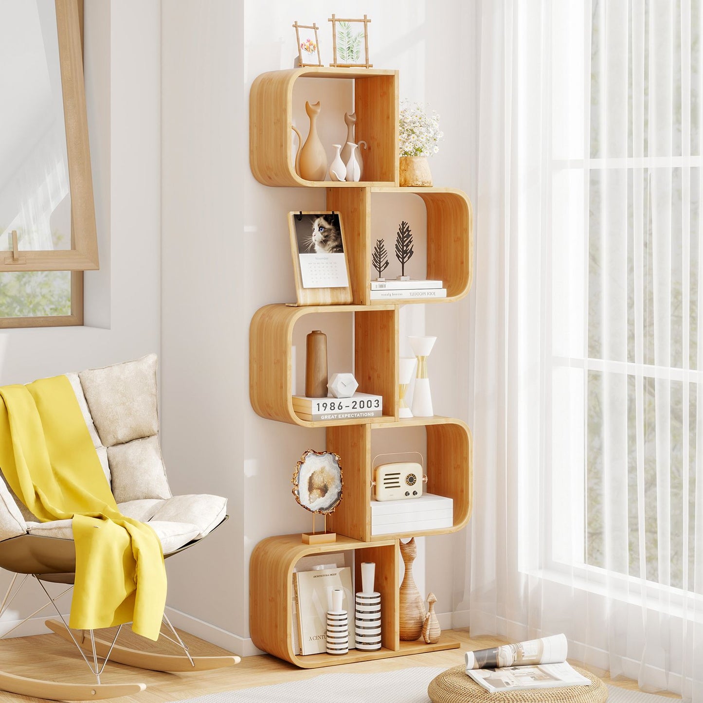 2/3/4/5-Tier S-Shaped Bookcase Bamboo Bookshelf with Open Cubes