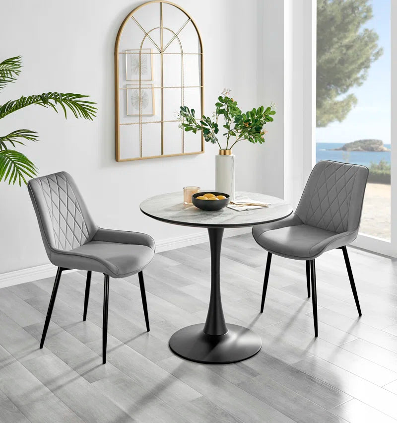 Ellis White Marble Effect Melamine round Dining Table Set with 2 Luxury Velvet Dining Chairs