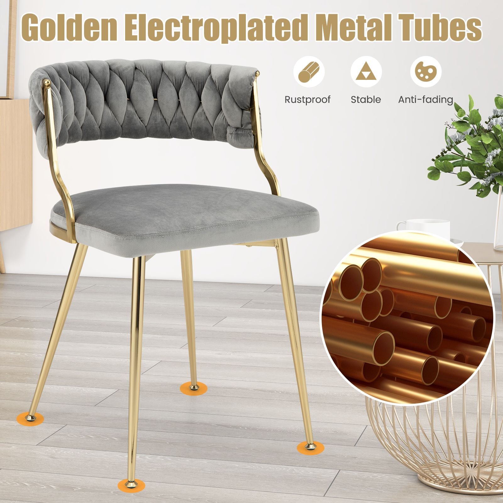 Set of 2 Velvet Dining Chair with Metal Legs and Woven Back