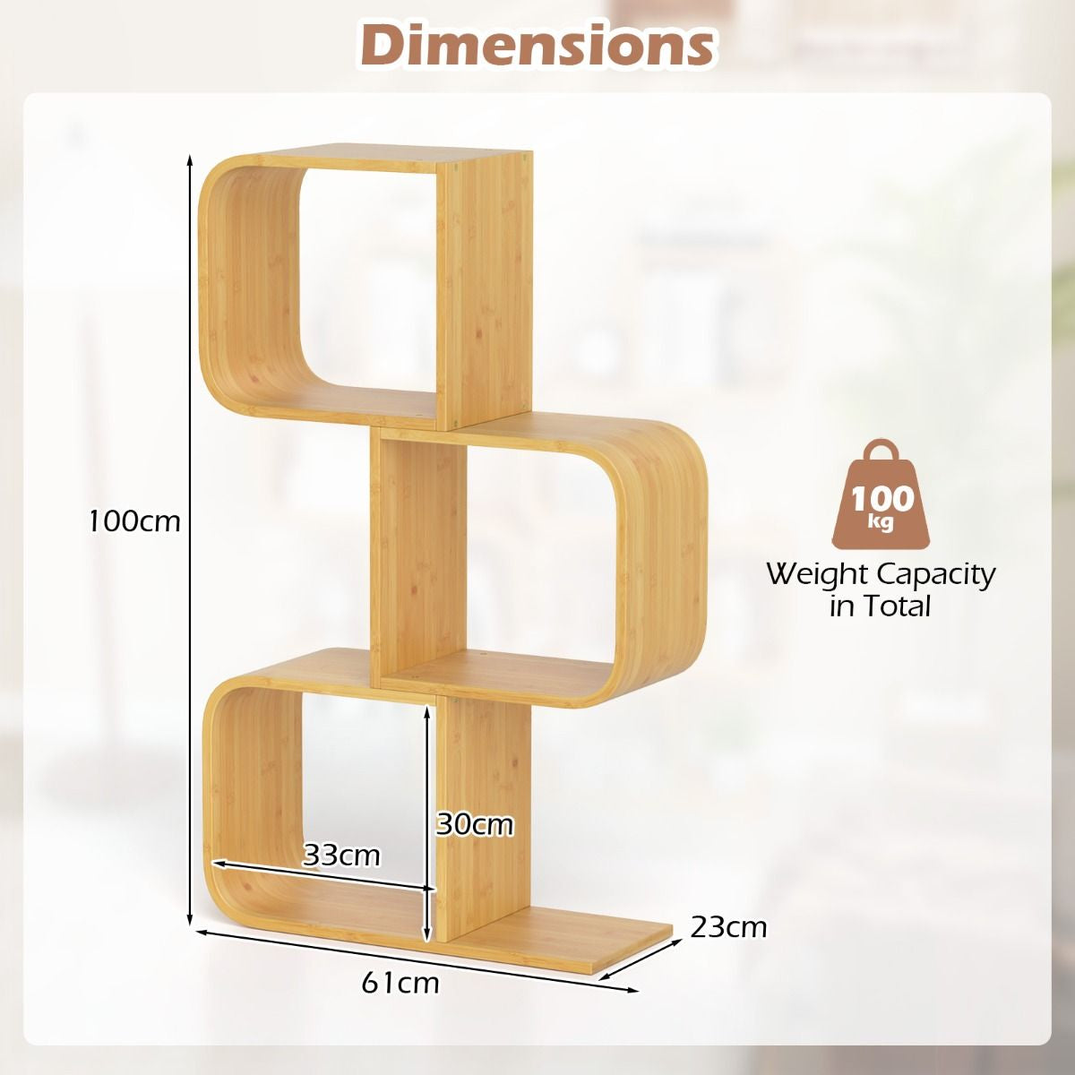 2/3/4/5-Tier S-Shaped Bookcase Bamboo Bookshelf with Open Cubes