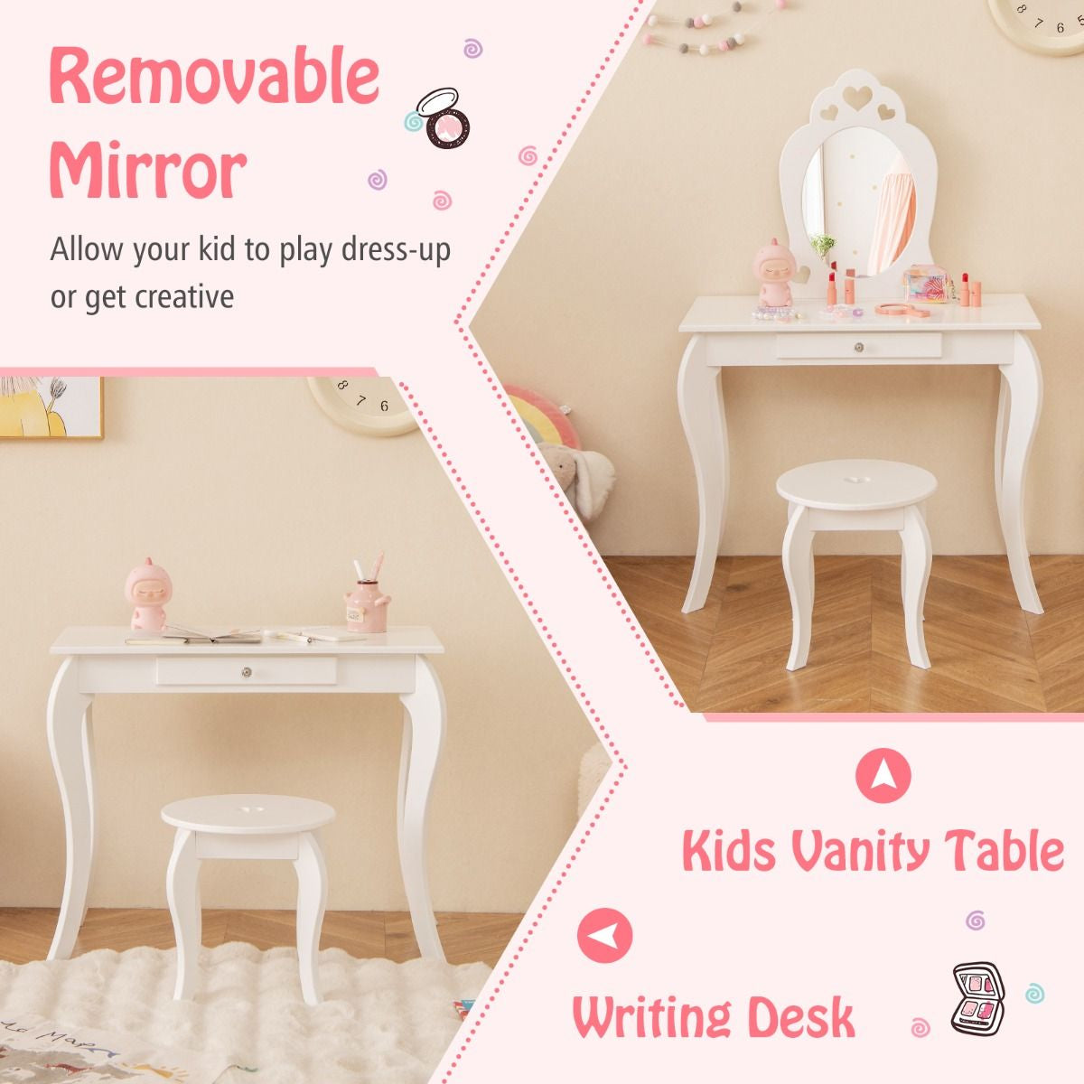 Kids Vanity Table and Stool with Removable Mirror and Drawer