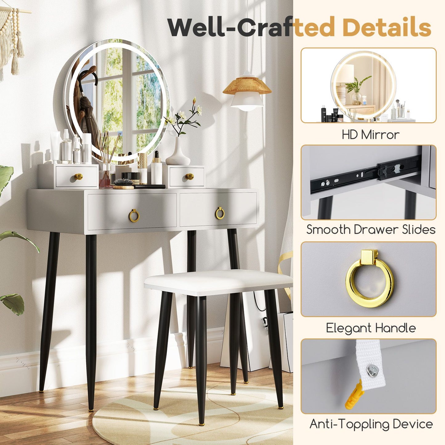 Makeup Vanity Desk with Lighted Mirror for Bedroom