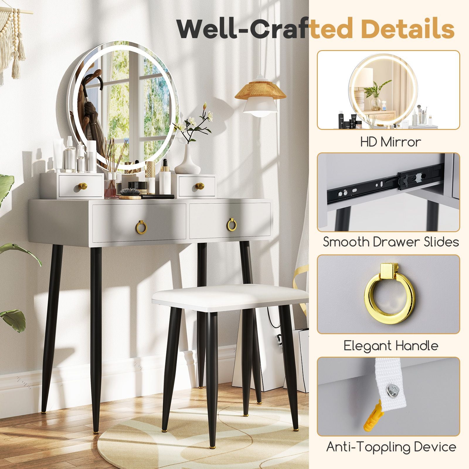 Makeup Vanity Desk with Lighted Mirror for Bedroom