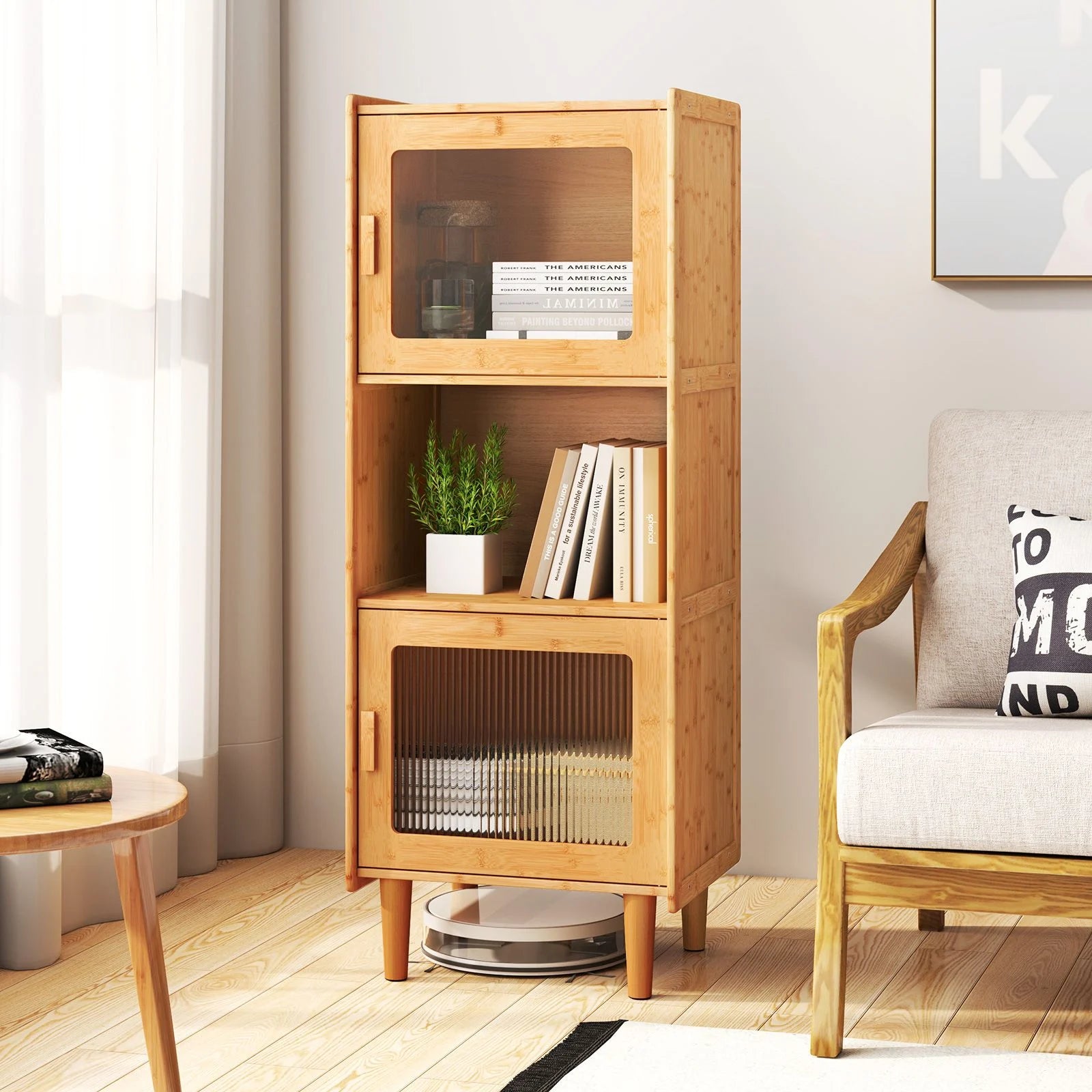3-Cube Bamboo Cabinet with Open Compartment and 2 Acrylic Doors