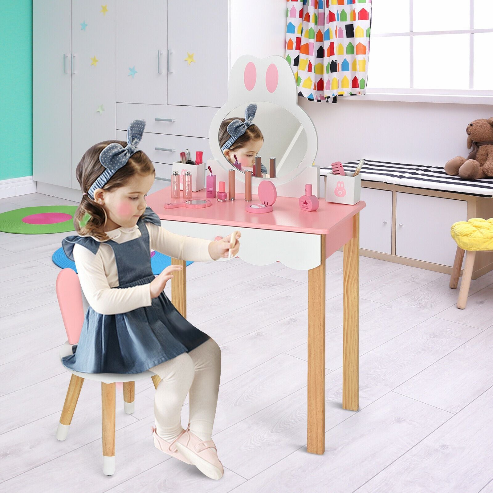 Kids Vanity Table and Chair Pretend Play with Mirror and Drawers
