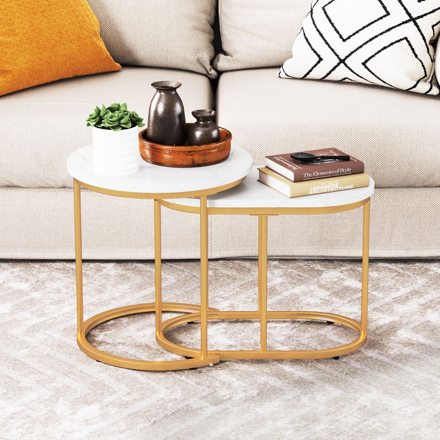 Coffee Table Set of 2 Modern Side Tables with White Faux Marble Top