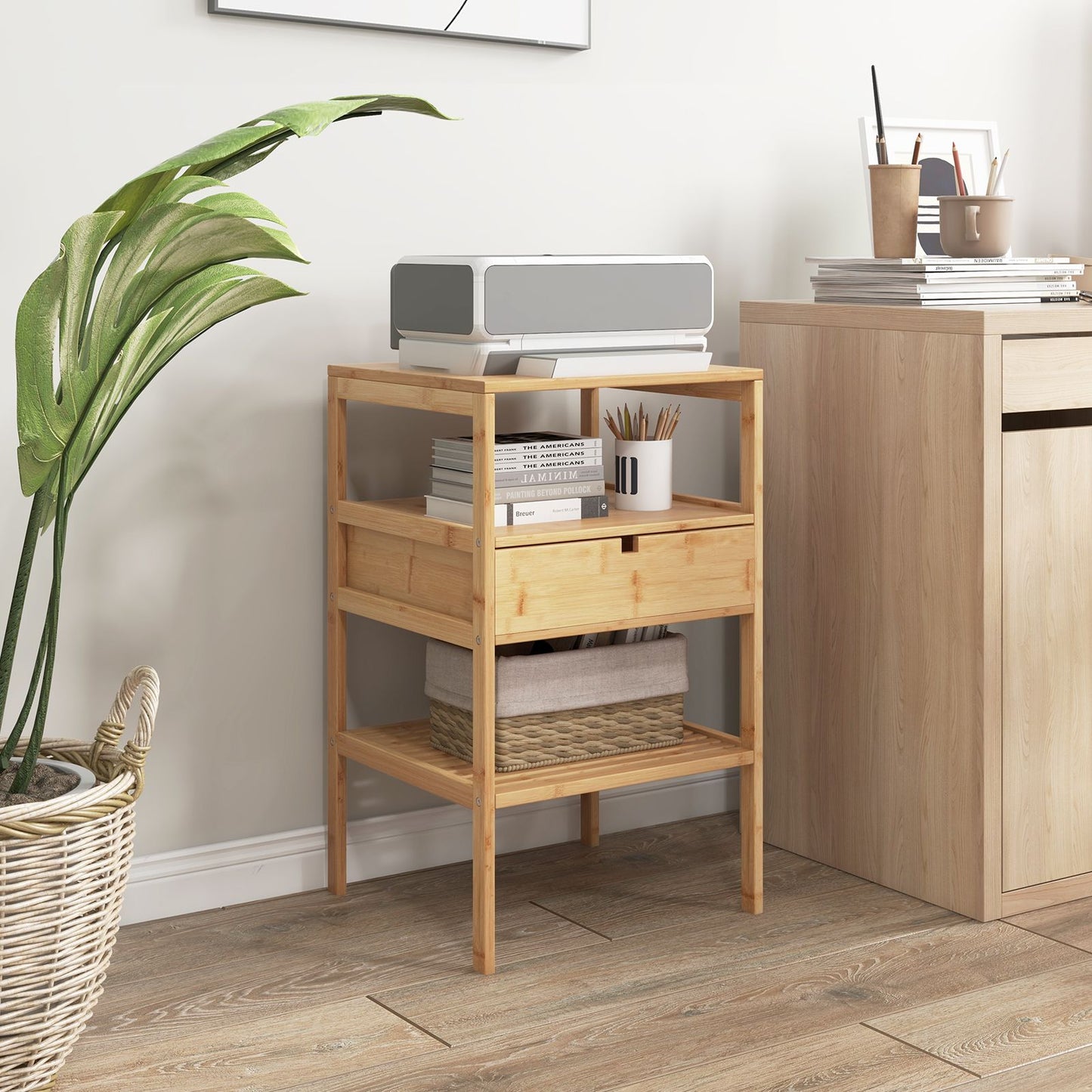 Set of 2 Multipurpose Bamboo Nightstand with Storage Drawer and Slatted Shelf
