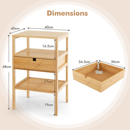 Set of 2 Multipurpose Bamboo Nightstand with Storage Drawer and Slatted Shelf