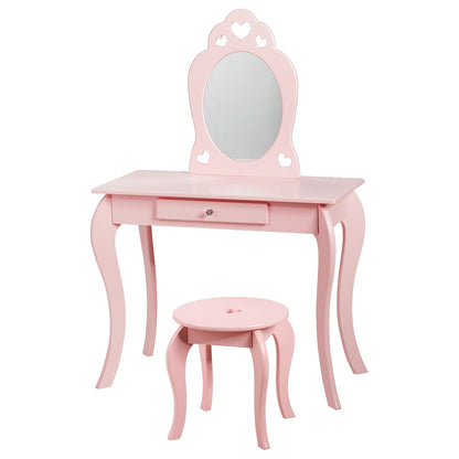 Kids Vanity Table and Stool with Removable Mirror and Drawer